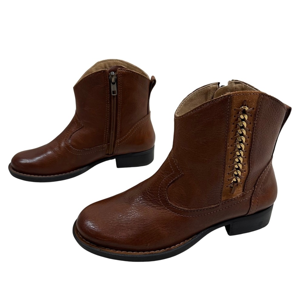Nurture Willa Brown Leather Western Ankle Boots Chain Detail Side Zip Mens 6M - Picture 5 of 10